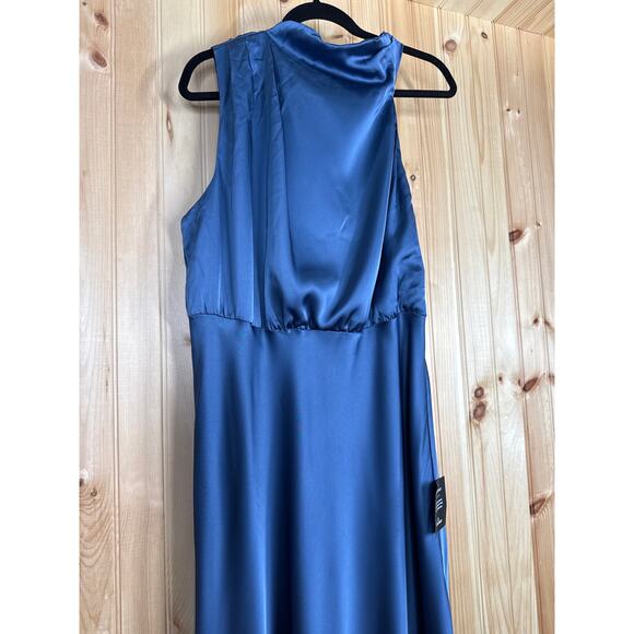 NWT Lulus Distinctive Charm Slate Blue Satin Asymmetrical Maxi Dress Wedding 1X - Picture 4 of 8
